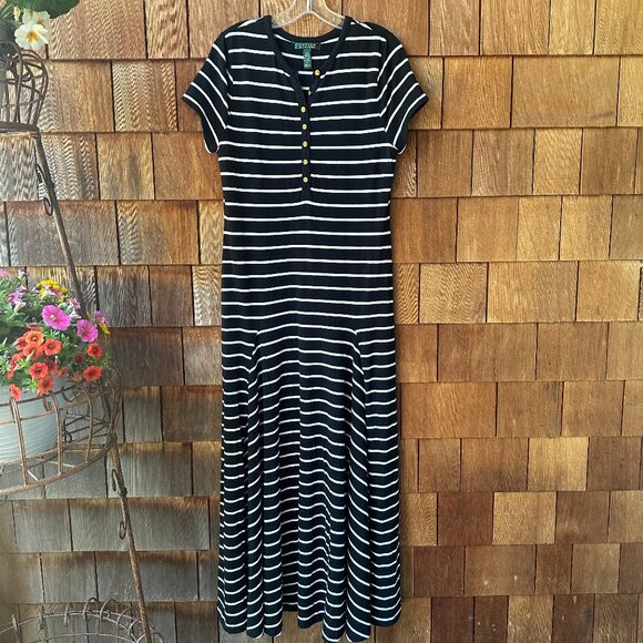 VTG Ralph Lauren Black/Ivory Striped Short Sleeve Maxi Dress in Women's Large - Picture 1 of 7